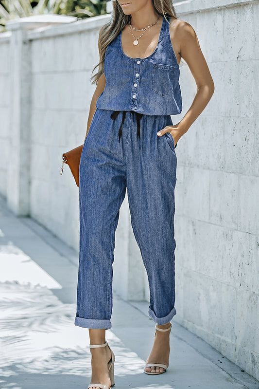 Buttoned Scoop Neck Denim Jumpsuit