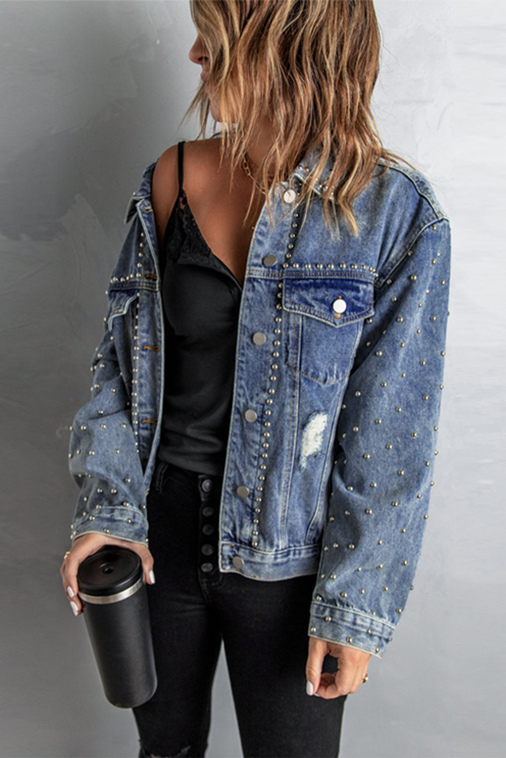 Studded Button Down Denim Jacket – Jules + Co Boutique