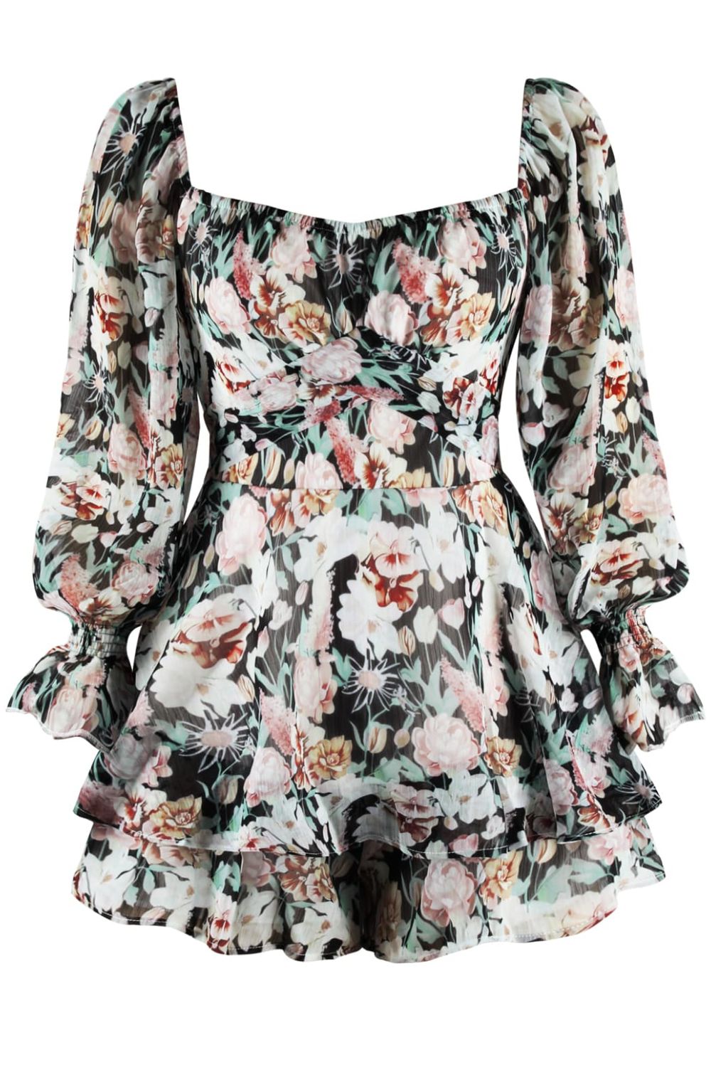 SIDNEY Floral Buttoned-Down Ruffled Long-Sleeve Romper