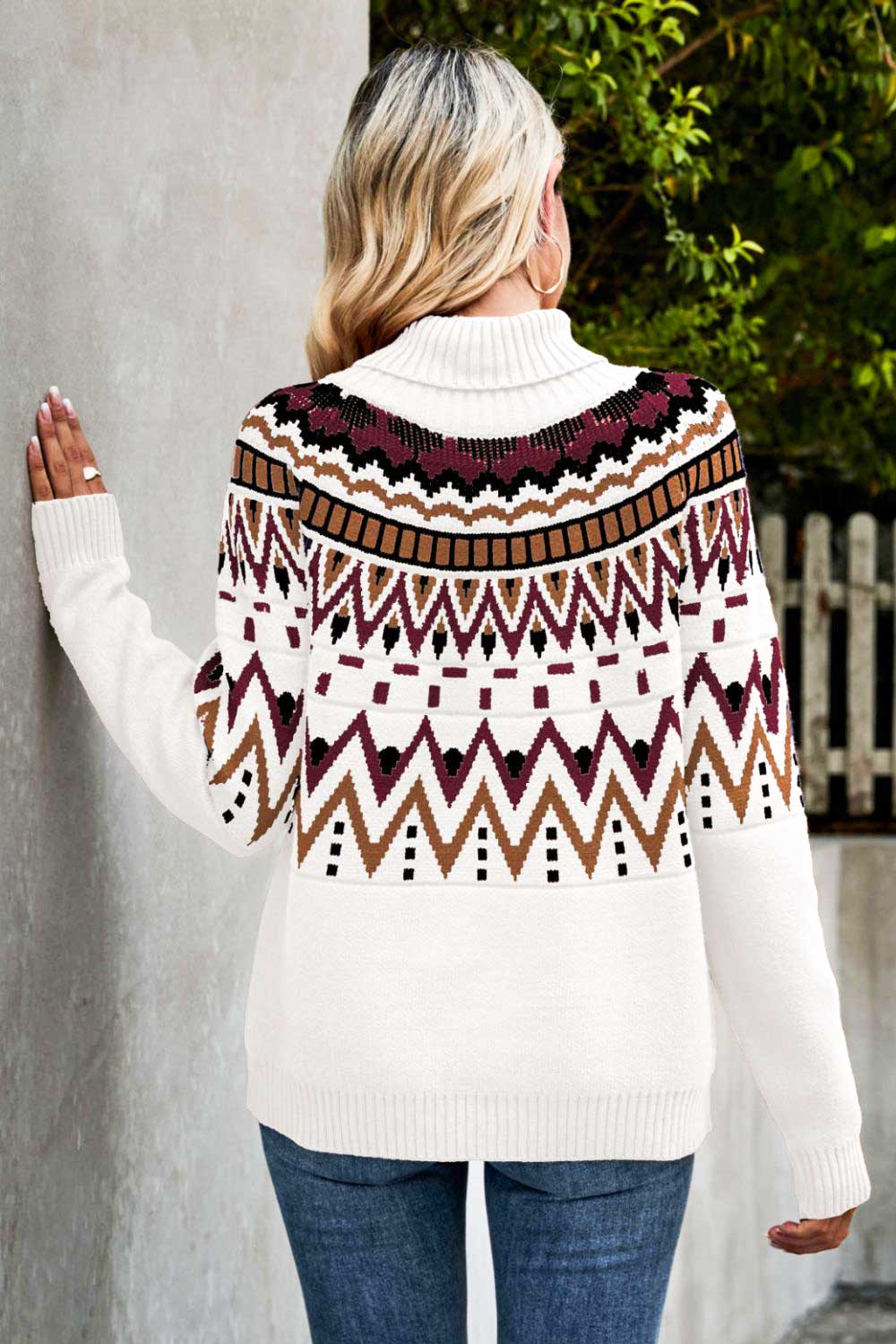 Chevron Turtleneck Ribbed Trim Sweater