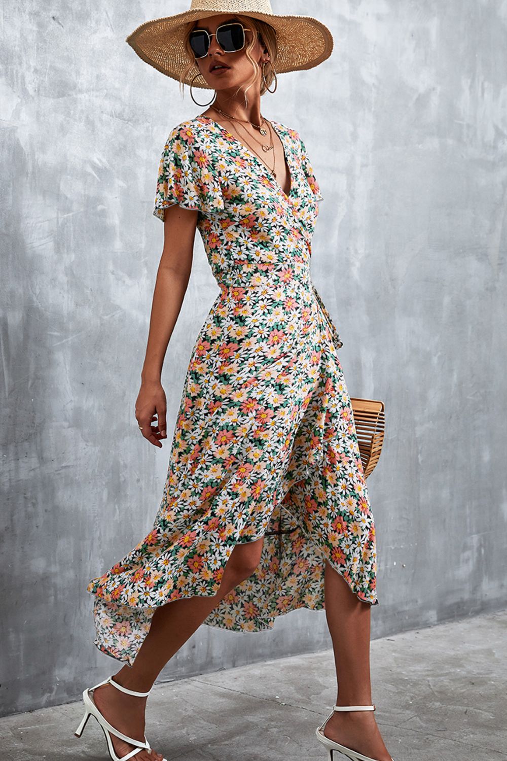 Floral Surplice Neck Tied Midi Dress